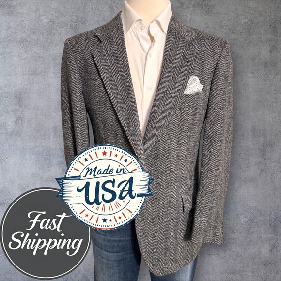 Vintage LANDS END TWEED WOOL Mens Blazer 42L Sport Coat Jacket Gray Herringbone - Picture 1 of 14